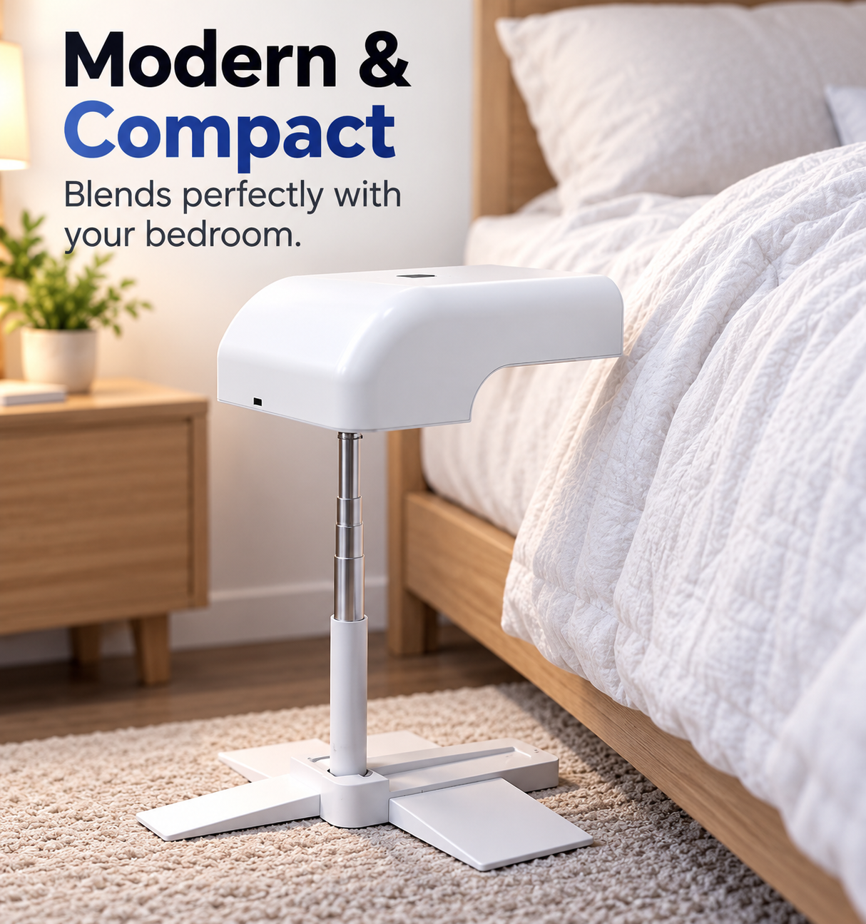 Compact white Aerwell bed fan positioned neatly beside a modern bed