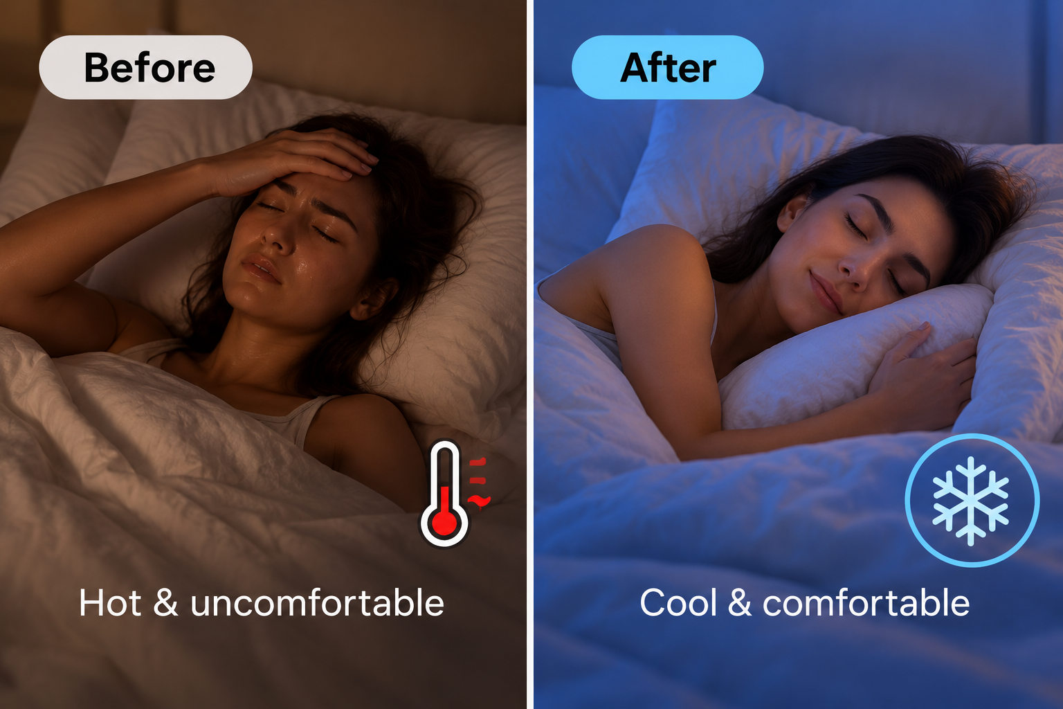 Before and after comparison showing hot sleep and cool comfortable sleep with Aerwell