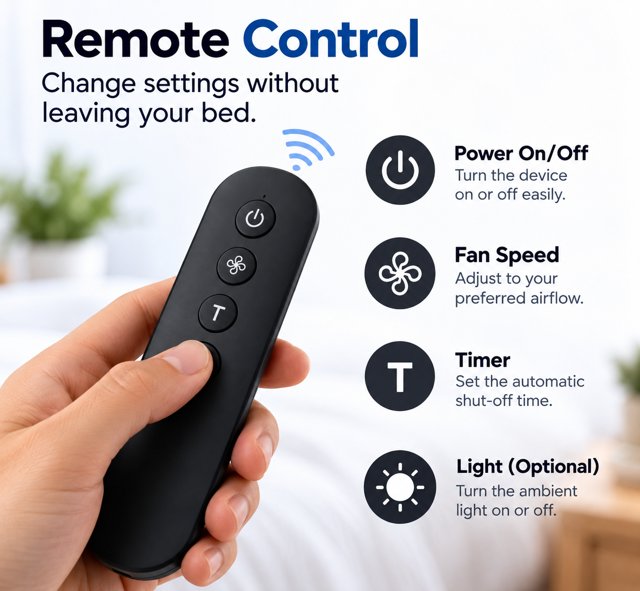 Aerwell wireless remote with power, fan speed, timer and light controls