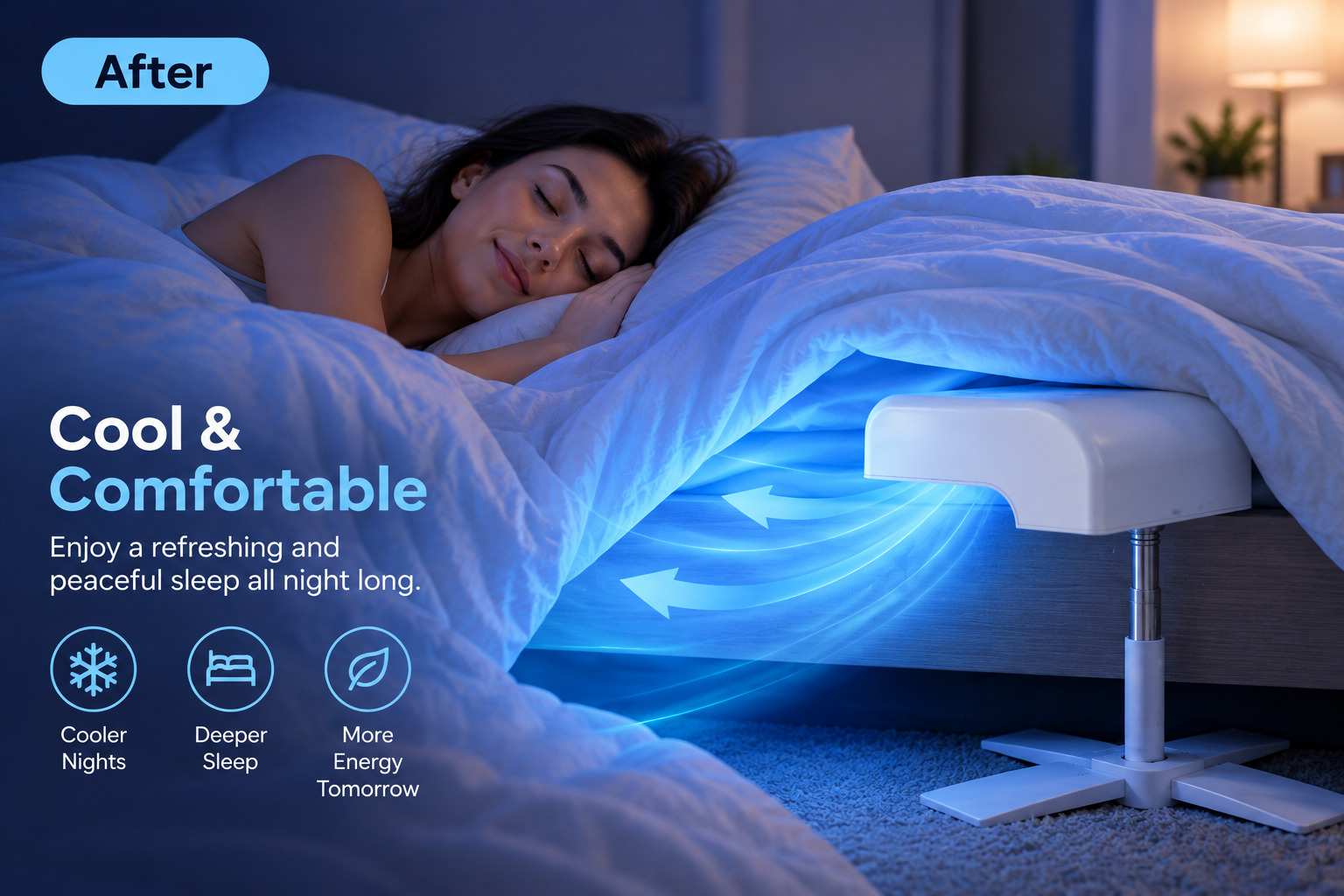 Aerwell bed fan directing cool air under the duvet while a customer sleeps comfortably