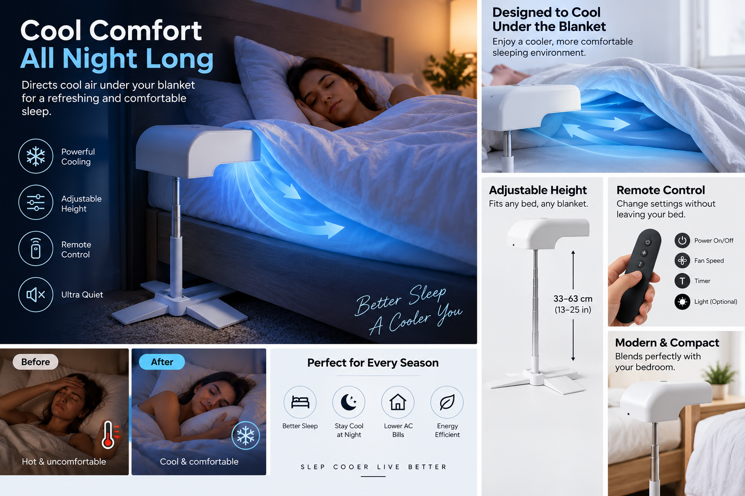 AerGlide bed fan infographic: cool comfort all night long — under-blanket airflow, adjustable height 33–63 cm, remote control, before and after, and every-season benefits
